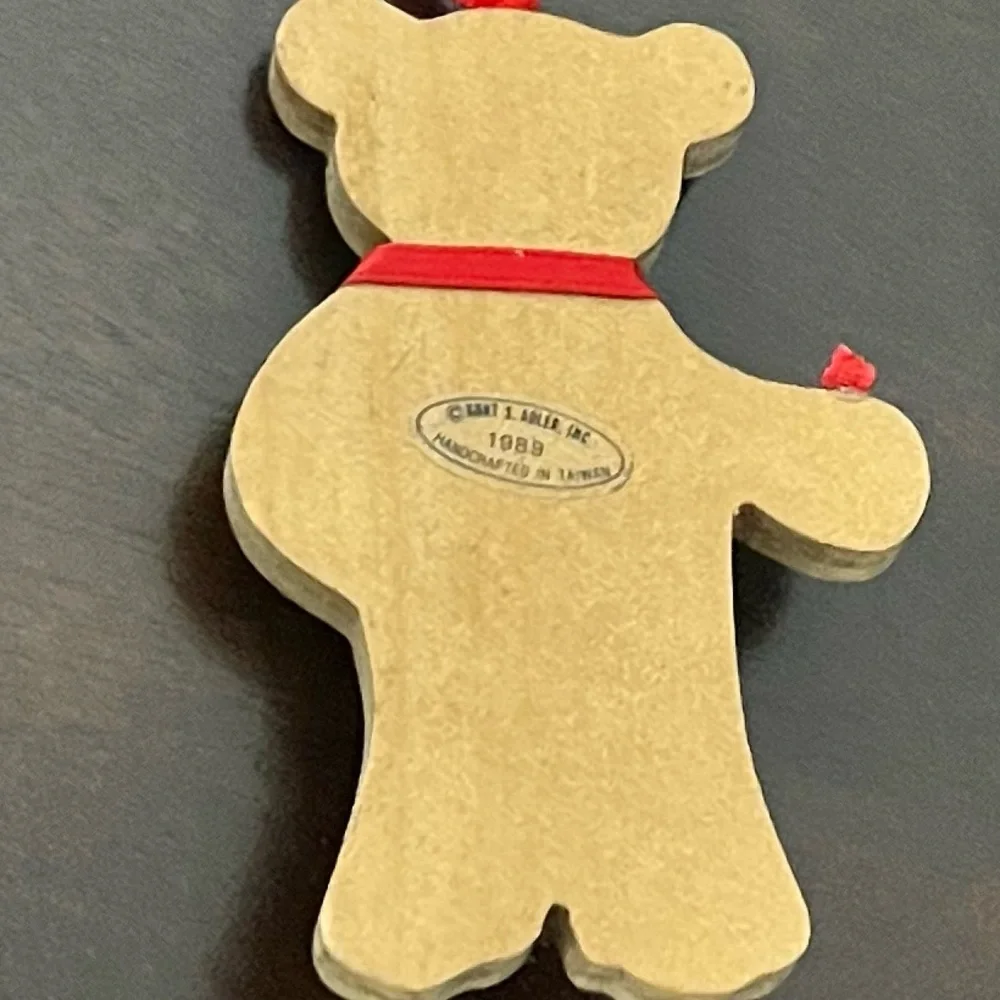 Vintage Kurt S. Adler  Handcrafted Wood Christmas Ornament Bear Red Ribbon Bells